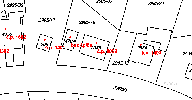 Čelákovice 2058 na parcele st. 2986 v KÚ Čelákovice, Katastrální mapa