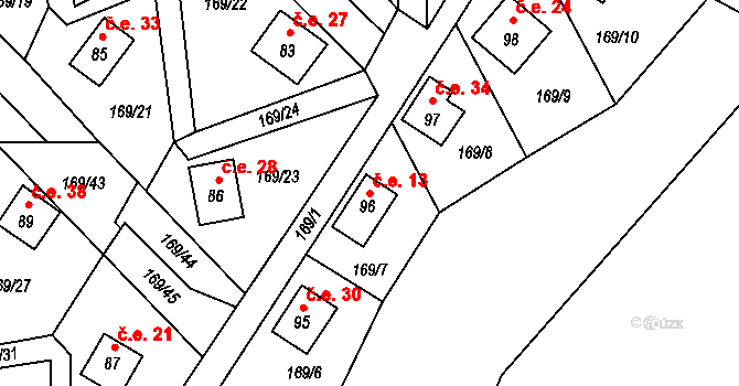 Pivonín 13, Zábřeh na parcele st. 96 v KÚ Pivonín, Katastrální mapa