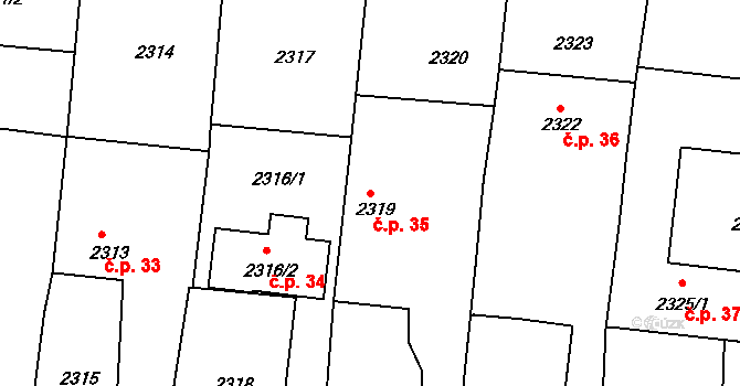 Vodná 35, Kamenice nad Lipou na parcele st. 2319 v KÚ Kamenice nad Lipou, Katastrální mapa