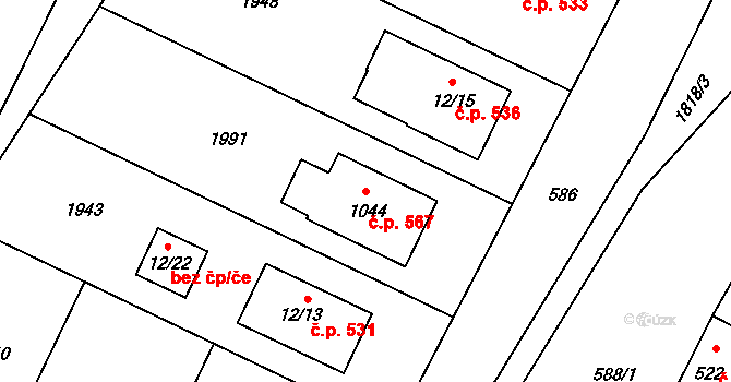 Šakvice 567 na parcele st. 1044 v KÚ Šakvice, Katastrální mapa
