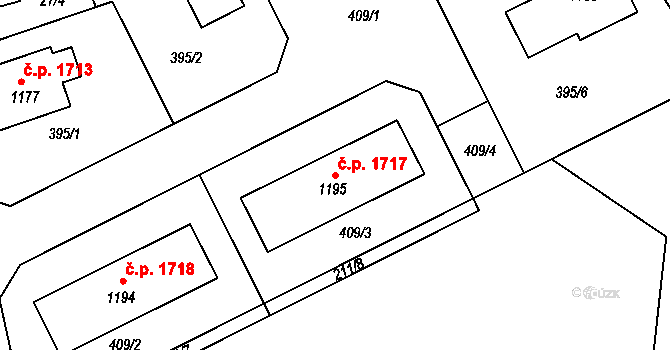 Švermov 1717, Kladno na parcele st. 1195 v KÚ Hnidousy, Katastrální mapa