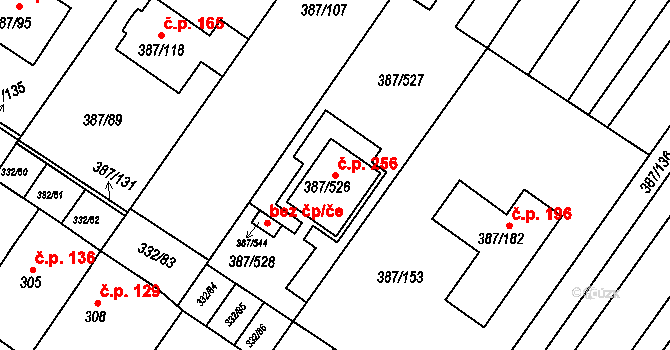 Nebovidy 256 na parcele st. 387/526 v KÚ Nebovidy u Brna, Katastrální mapa
