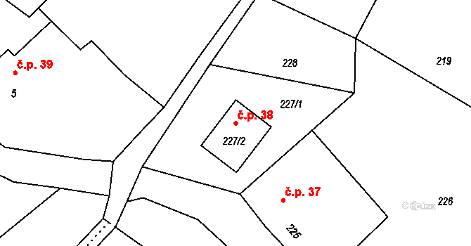 Hluzov 38, Černotín na parcele st. 227/2 v KÚ Hluzov, Katastrální mapa