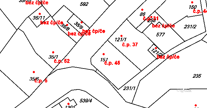 Dolní Bezděkov 45, Bratronice na parcele st. 151 v KÚ Dolní Bezděkov u Kladna, Katastrální mapa