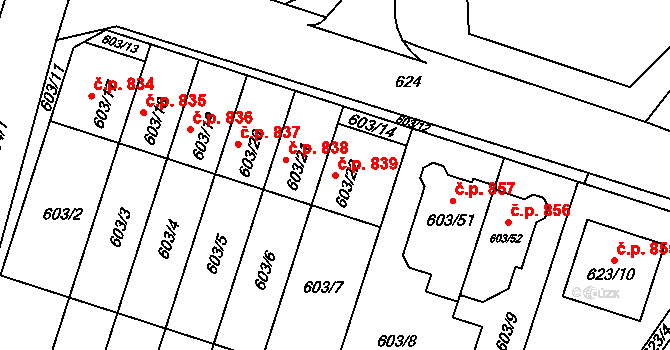 Ždánice 839 na parcele st. 603/22 v KÚ Ždánice, Katastrální mapa