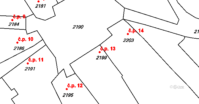 Toužín 13, Dačice na parcele st. 2199 v KÚ Dačice, Katastrální mapa