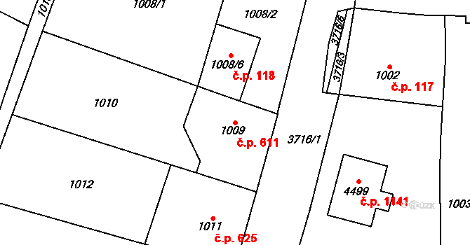 Žamberk 611 na parcele st. 1009 v KÚ Žamberk, Katastrální mapa