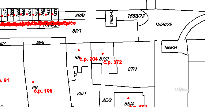 Komárov 372, Brno na parcele st. 87/2 v KÚ Komárov, Katastrální mapa