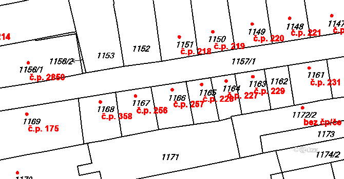 Královo Pole 257, Brno na parcele st. 1166 v KÚ Královo Pole, Katastrální mapa