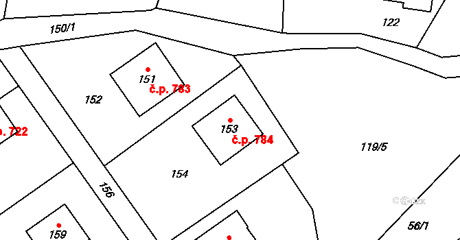 Návsí 784 na parcele st. 153 v KÚ Návsí, Katastrální mapa