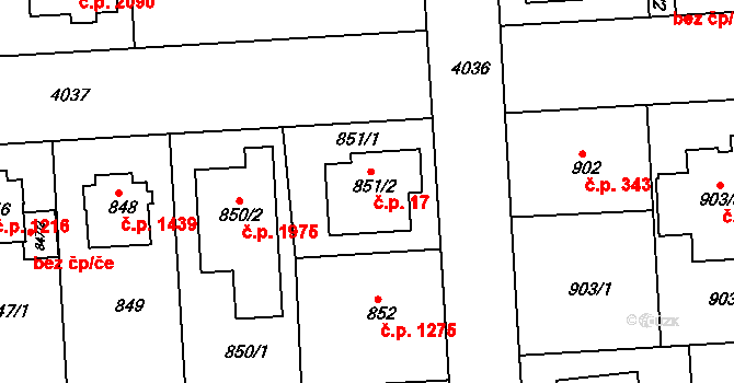 Modřany 17, Praha na parcele st. 851/2 v KÚ Modřany, Katastrální mapa