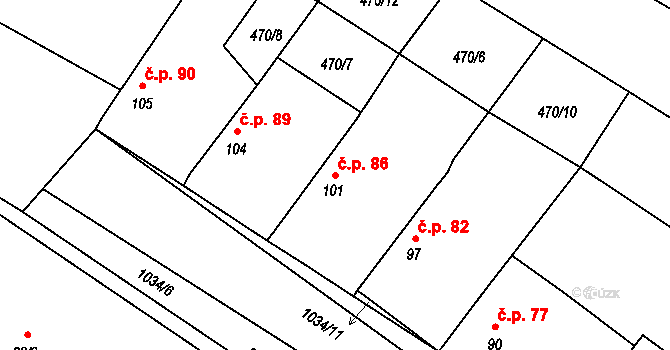 Břežany II 86 na parcele st. 101 v KÚ Břežany II, Katastrální mapa