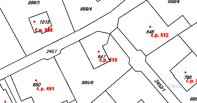 Rožmitál pod Třemšínem 519 na parcele st. 647 v KÚ Rožmitál pod Třemšínem, Katastrální mapa