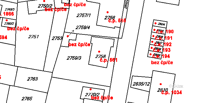 Jirkov 561 na parcele st. 2758 v KÚ Jirkov, Katastrální mapa