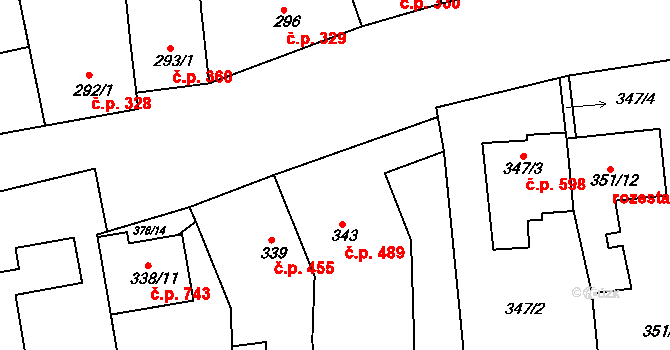 Blučina 489 na parcele st. 343 v KÚ Blučina, Katastrální mapa