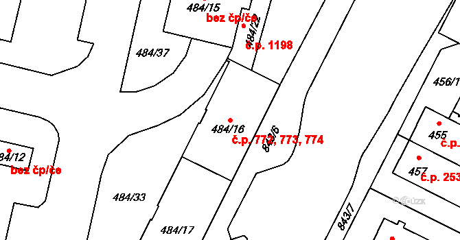 Lobzy 772,773,774, Plzeň na parcele st. 484/16 v KÚ Lobzy, Katastrální mapa