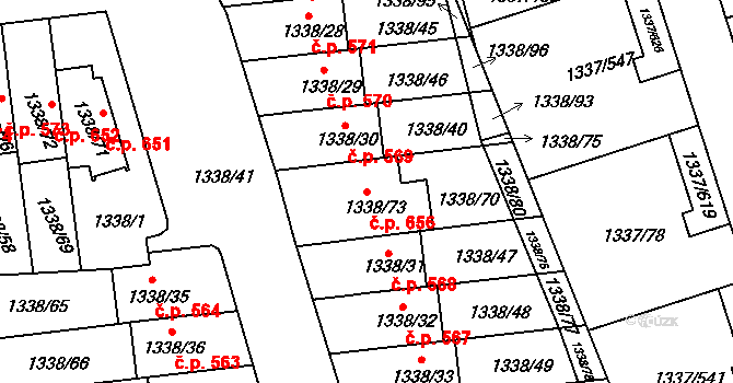 Vinoř 656, Praha na parcele st. 1338/73 v KÚ Vinoř, Katastrální mapa