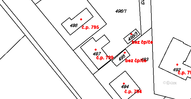 Kuřívody 799, Ralsko na parcele st. 497 v KÚ Kuřívody, Katastrální mapa