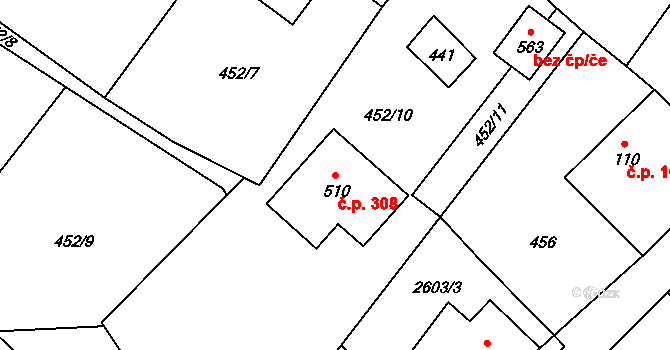 Kunčina 308 na parcele st. 510 v KÚ Kunčina, Katastrální mapa