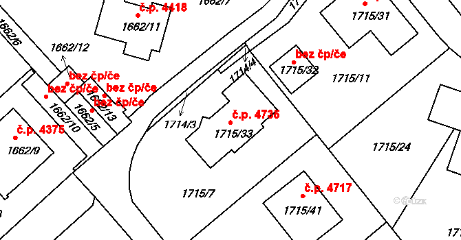 Mšeno nad Nisou 4735, Jablonec nad Nisou na parcele st. 1715/33 v KÚ Mšeno nad Nisou, Katastrální mapa