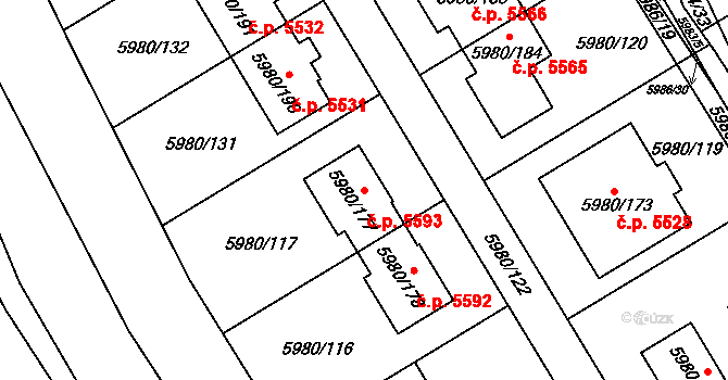 Chomutov 5593 na parcele st. 5980/177 v KÚ Chomutov I, Katastrální mapa