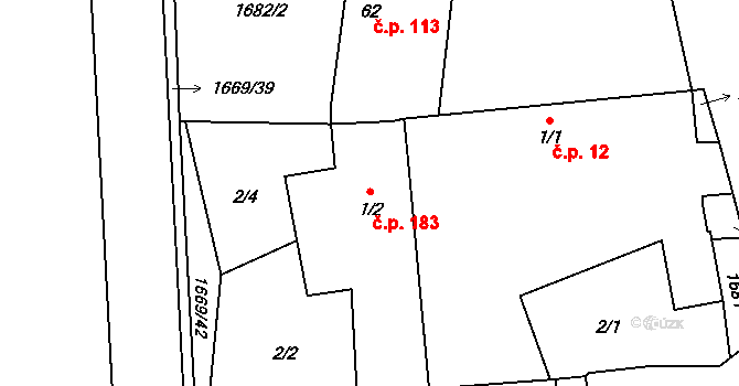 Lužnice 183 na parcele st. 1/2 v KÚ Lužnice, Katastrální mapa