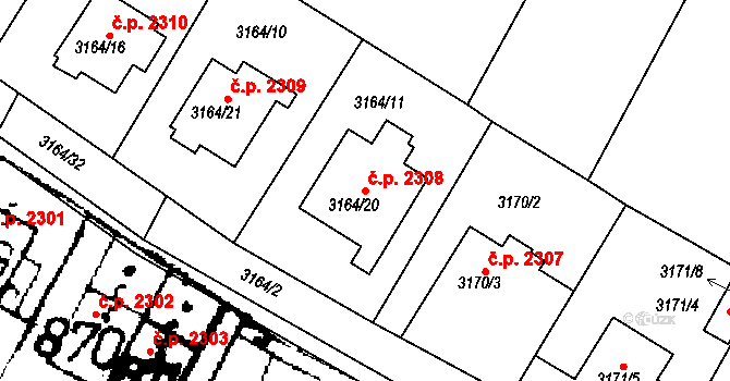 Podlusky 2308, Roudnice nad Labem na parcele st. 3164/20 v KÚ Roudnice nad Labem, Katastrální mapa