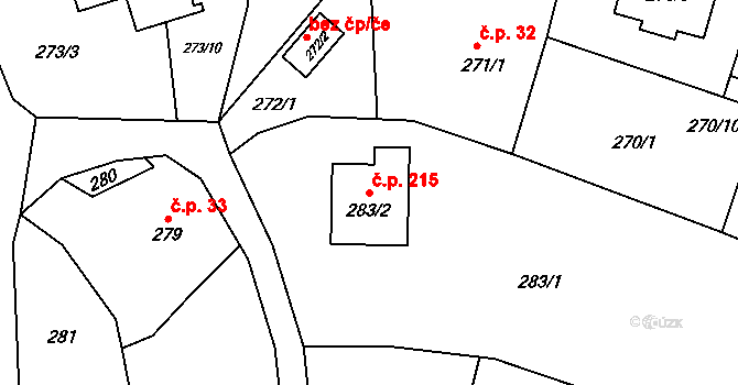 Bobrovníky 215, Hlučín na parcele st. 283/2 v KÚ Bobrovníky, Katastrální mapa
