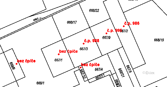 Doksy 988 na parcele st. 667/3 v KÚ Doksy u Máchova jezera, Katastrální mapa