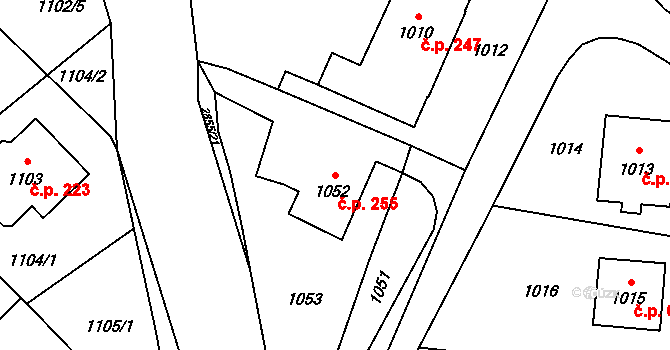 Rapotín 255 na parcele st. 1052 v KÚ Rapotín, Katastrální mapa