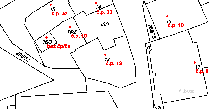 Kozinec 13, Holubice na parcele st. 18 v KÚ Kozinec, Katastrální mapa