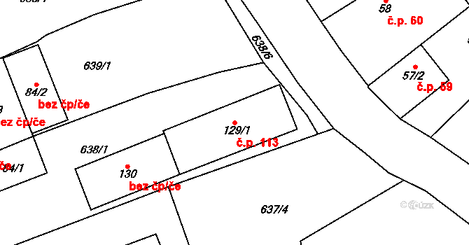 Kvíčovice 113 na parcele st. 129/1 v KÚ Kvíčovice, Katastrální mapa