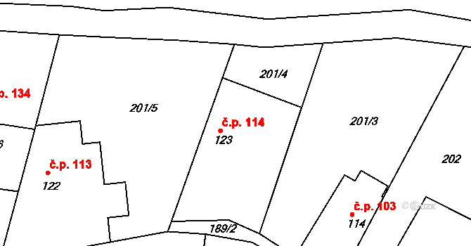 Semín 114 na parcele st. 123 v KÚ Semín, Katastrální mapa