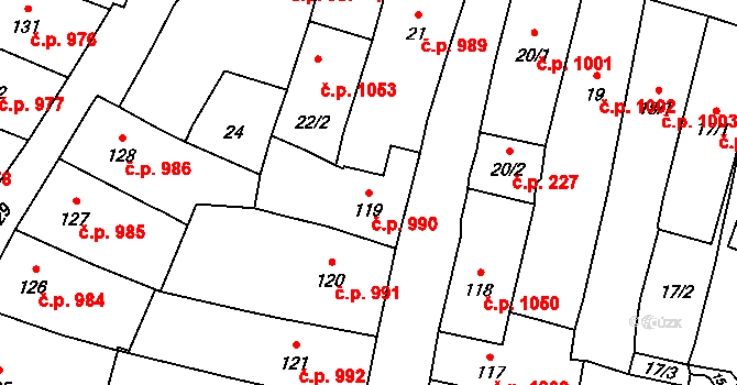 Mohelnice 990 na parcele st. 119 v KÚ Mohelnice, Katastrální mapa