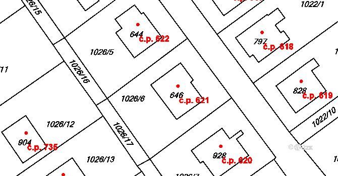 Mořkov 621 na parcele st. 646 v KÚ Mořkov, Katastrální mapa