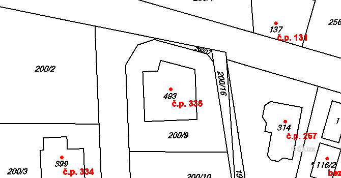 Radonice 335 na parcele st. 493 v KÚ Radonice u Prahy, Katastrální mapa