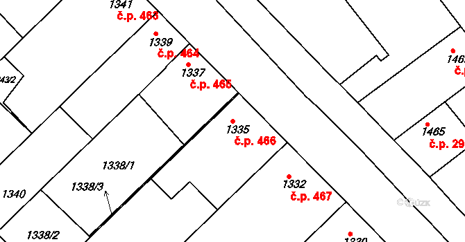Hrušky 466 na parcele st. 1335 v KÚ Hrušky, Katastrální mapa