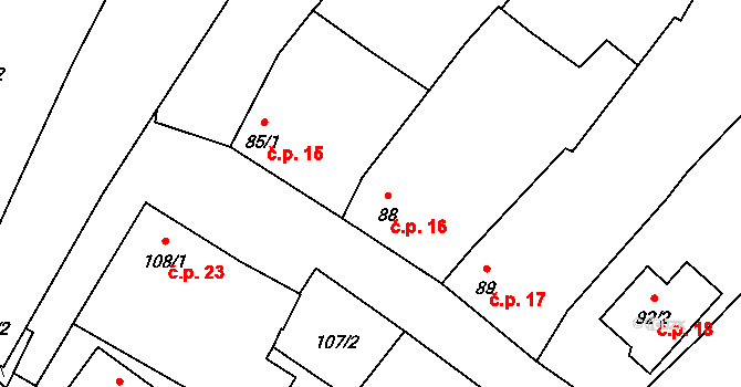 Těšetice 16 na parcele st. 88 v KÚ Těšetice u Znojma, Katastrální mapa