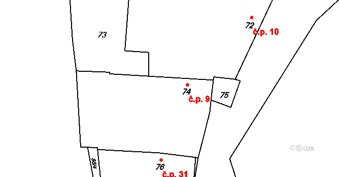 Chvalešovice 9, Dříteň na parcele st. 74 v KÚ Chvalešovice, Katastrální mapa