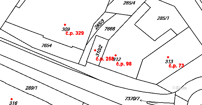 Telč-Podolí 258, Telč na parcele st. 310/2 v KÚ Telč, Katastrální mapa