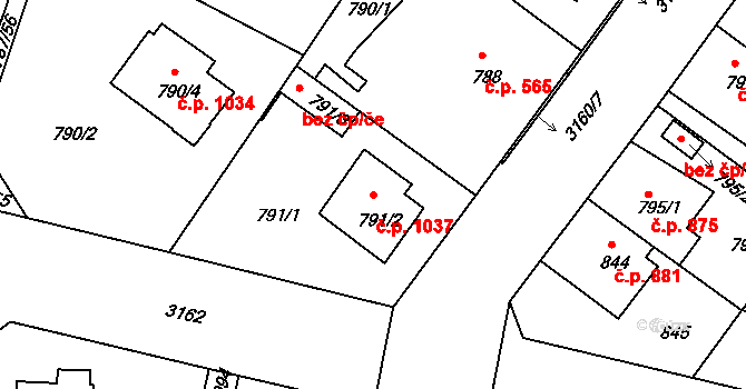 Čelákovice 1037 na parcele st. 791/2 v KÚ Čelákovice, Katastrální mapa