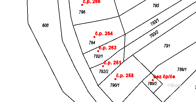 Stonařov 263 na parcele st. 792/1 v KÚ Stonařov, Katastrální mapa