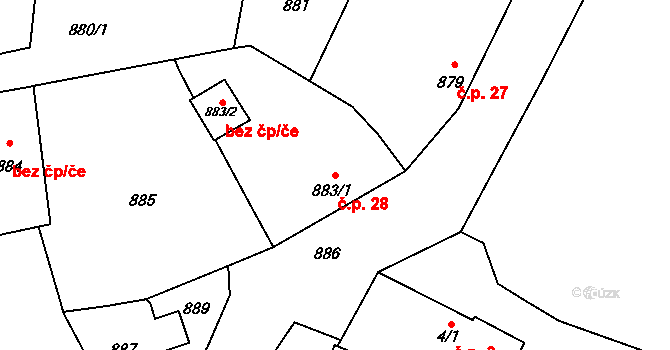 Samotišky 28 na parcele st. 883/1 v KÚ Samotíšky, Katastrální mapa