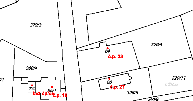 Pařezská Lhota 33, Holín na parcele st. 64 v KÚ Pařezská Lhota, Katastrální mapa