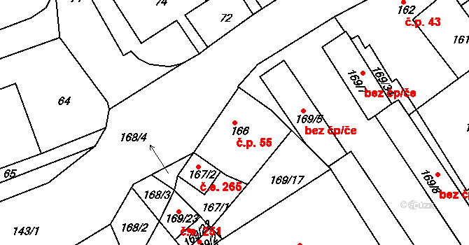 Chlumec 55 na parcele st. 166 v KÚ Chlumec u Chabařovic, Katastrální mapa