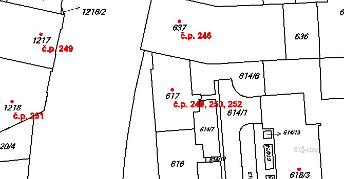 Štýřice 248,250,252, Brno na parcele st. 617 v KÚ Štýřice, Katastrální mapa