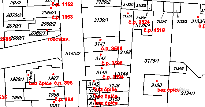 Židenice 3595, Brno na parcele st. 3142 v KÚ Židenice, Katastrální mapa