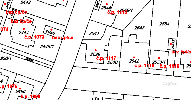 Horní Počernice 1117, Praha na parcele st. 2539 v KÚ Horní Počernice, Katastrální mapa