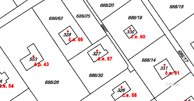 Halouny 57, Svinaře na parcele st. 327 v KÚ Svinaře, Katastrální mapa