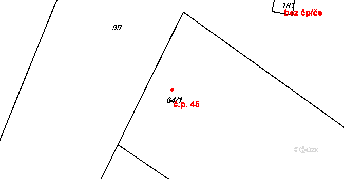 Červený Hrádek 45, Bečváry na parcele st. 64/1 v KÚ Červený Hrádek u Bečvár, Katastrální mapa